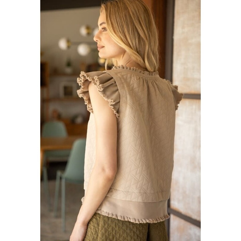 VOY ELASTIC BANDED RUFFLE VEST TOP (Color: Taupe) - Picture 2 of 5
